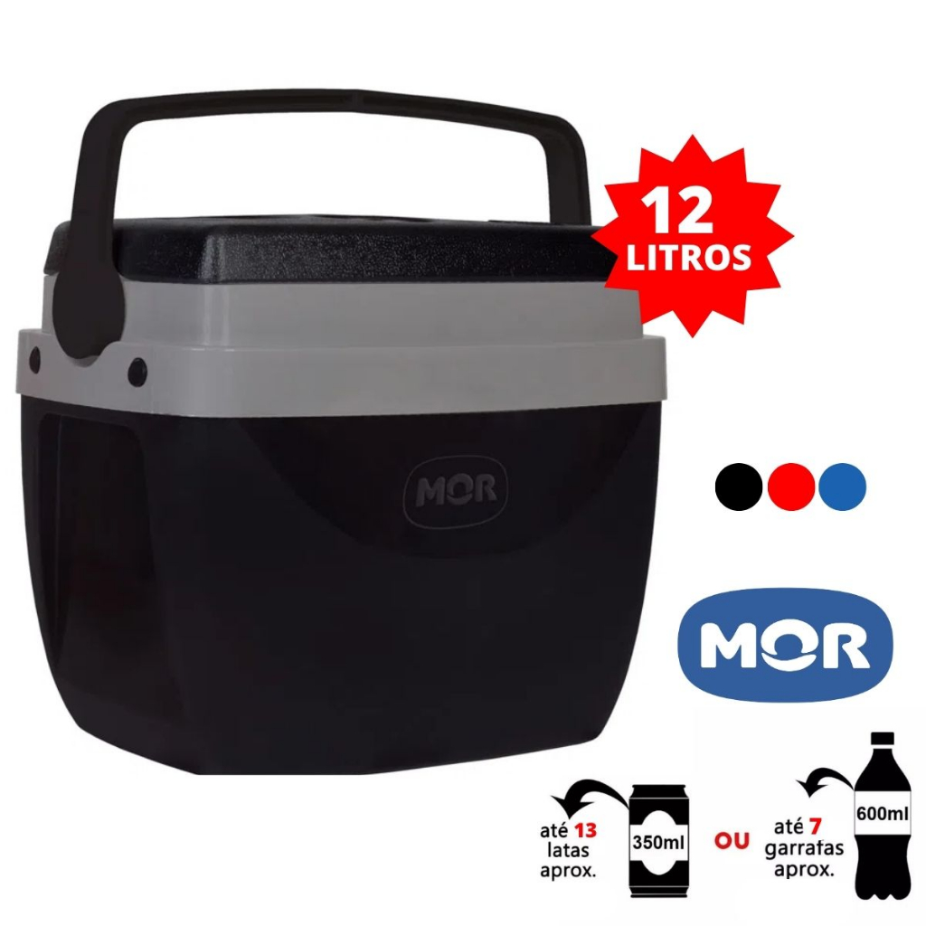 Caixa Térmica Cooler Preto - Azul - Vermelha Com Alça 12 Litros Mor