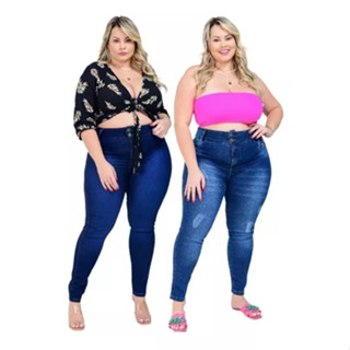 Kit 2 Calças Femininas Plus Size Cintura Alta Com Lycra