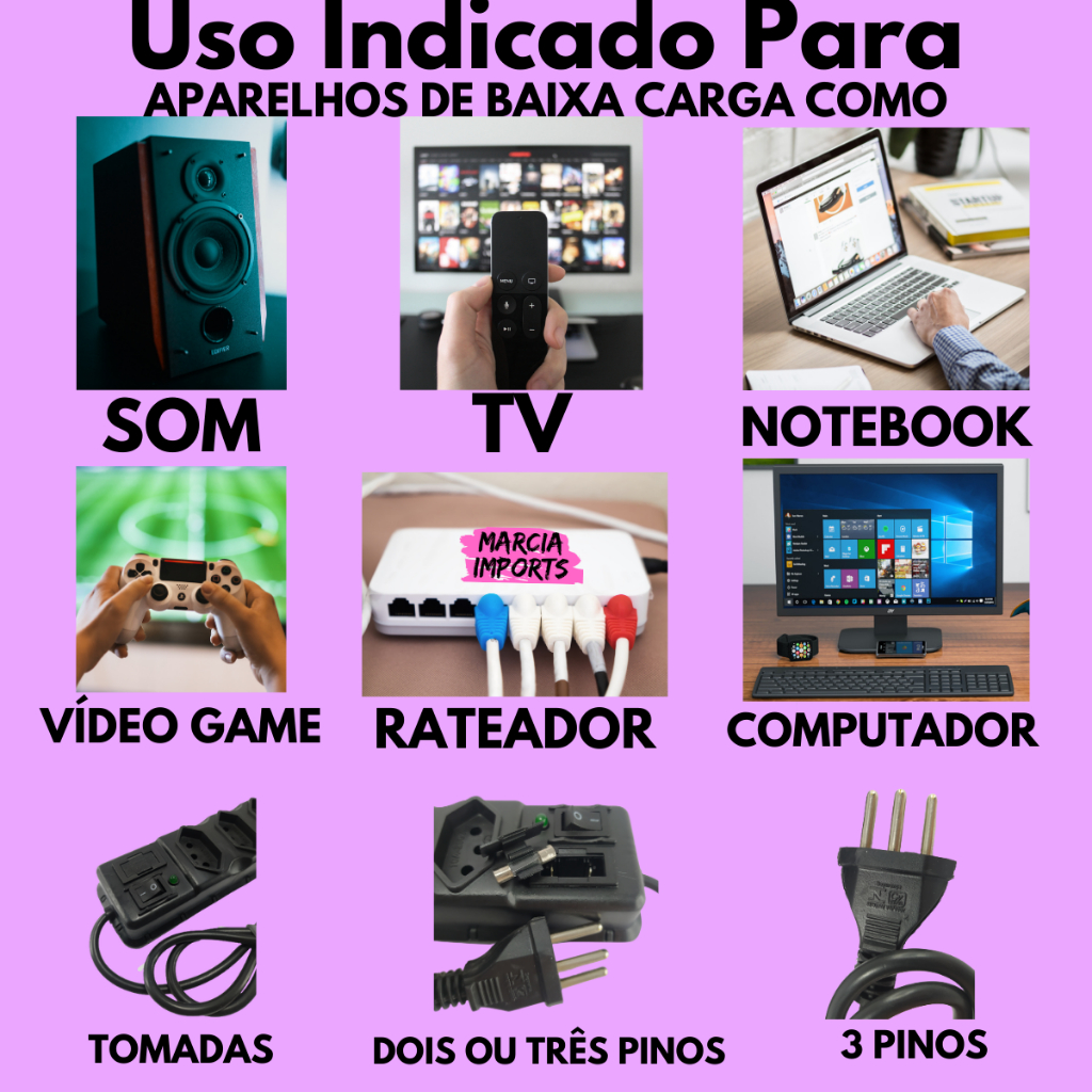 FILTRO DE LINHA RÉGUA DE TOMADAS 6, 5, 4 e 3 tomadas tripolar 10 Amperes com fusível