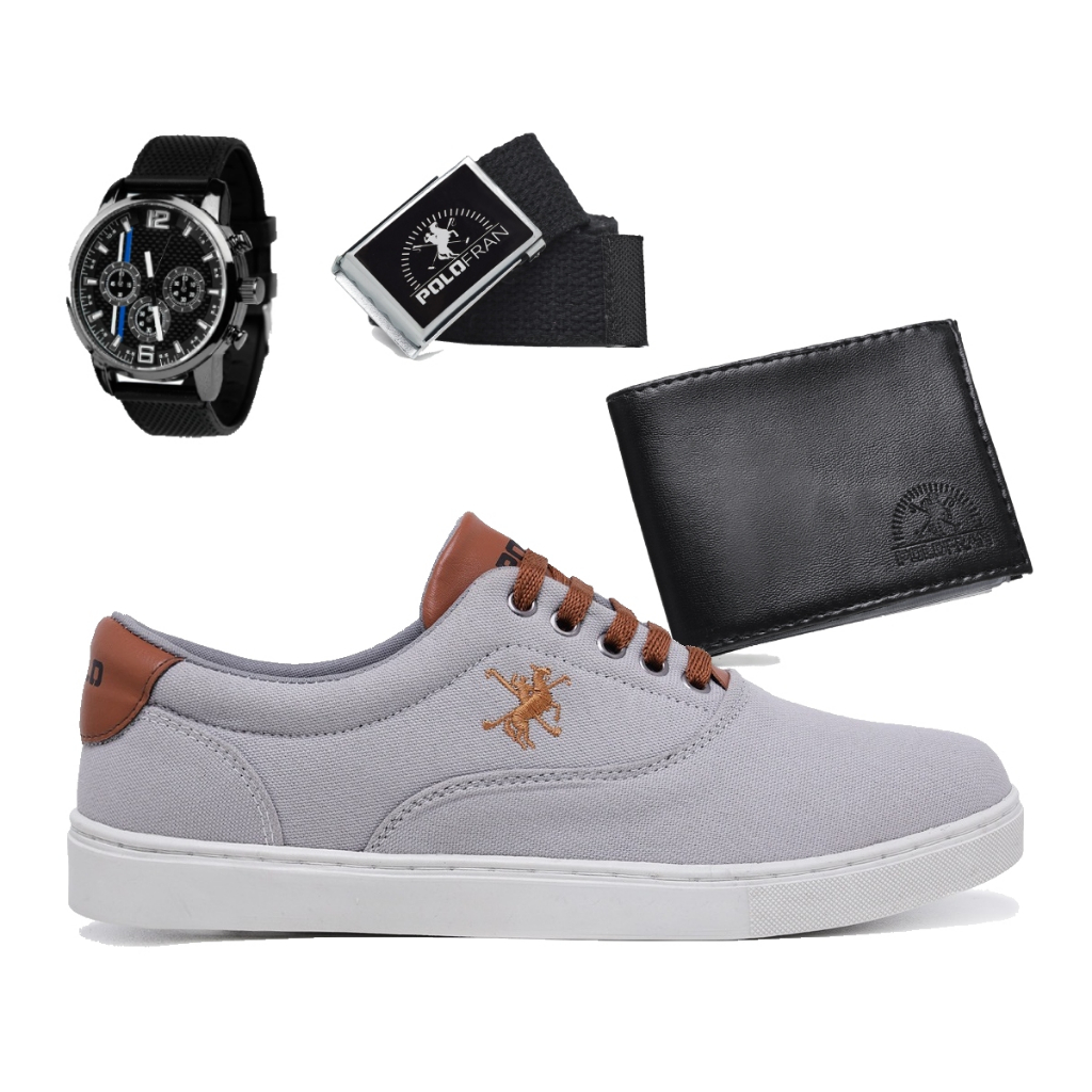 Kit Sapatênis Casual Polo Fran Cano Baixo + Relógio + Carteira + Cinto Miami em Oferta na Shopee