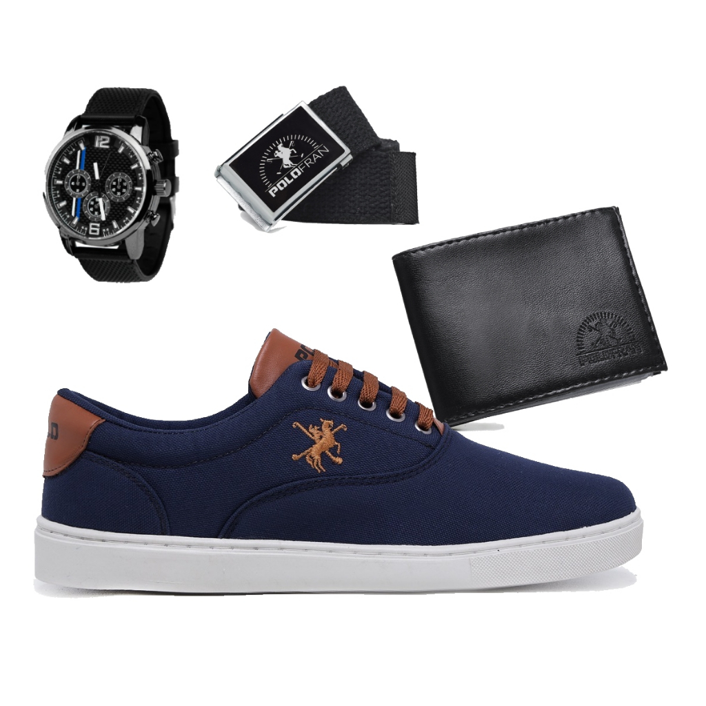 Kit Sapatênis Polo Fran Casual Cano Baixo + Relógio + Carteira + Cinto Miami em Oferta na Shopee