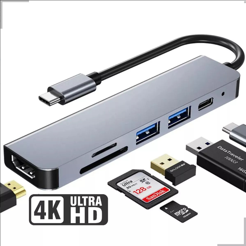 Hub Adaptador 6X1 Para Macbook Pro Air Thunderbolt Usb C USB 3.0 Com Hdmi 4k