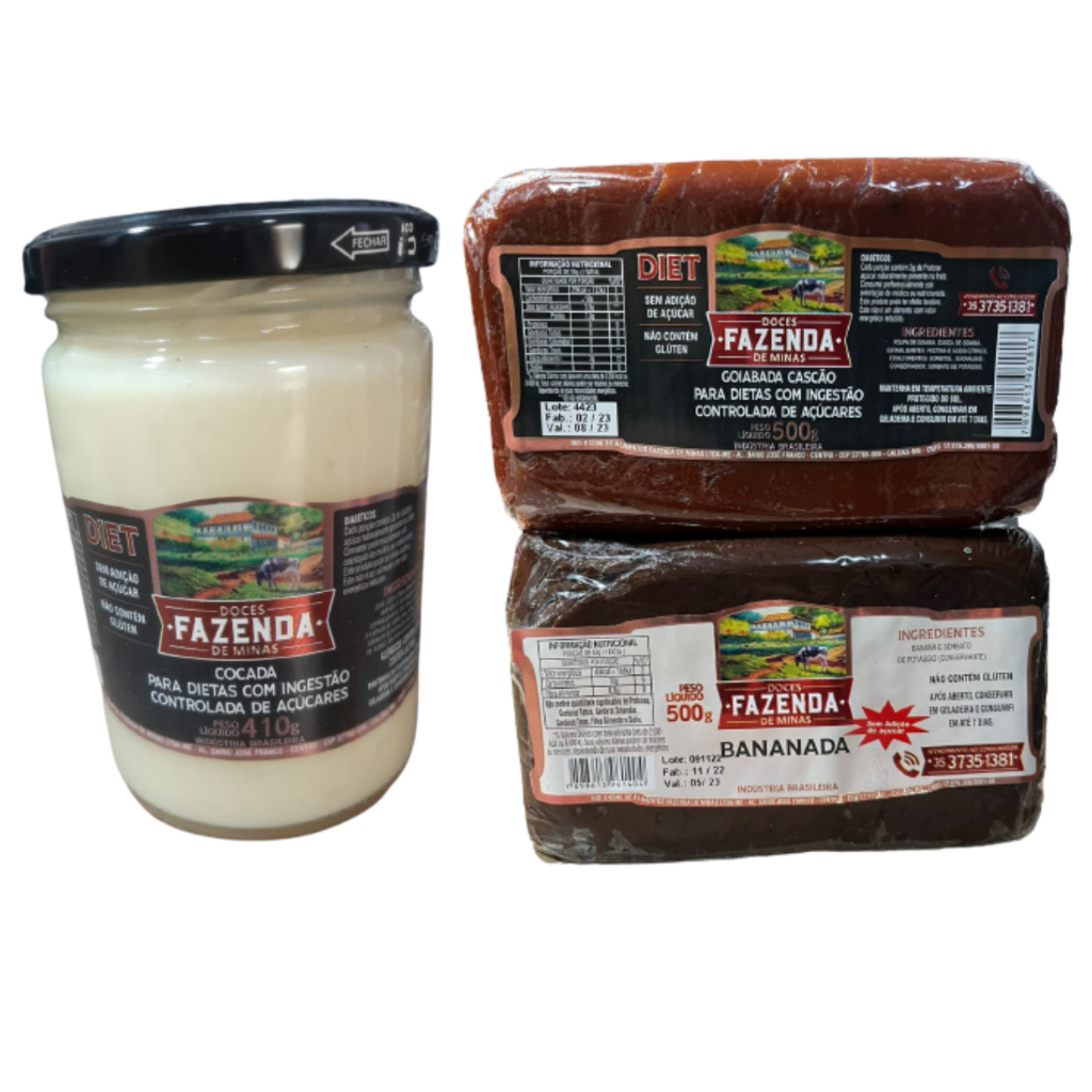 Kit Cocada Branca Cremosa Diet, Goiabada e Bananada em Tablete Diet