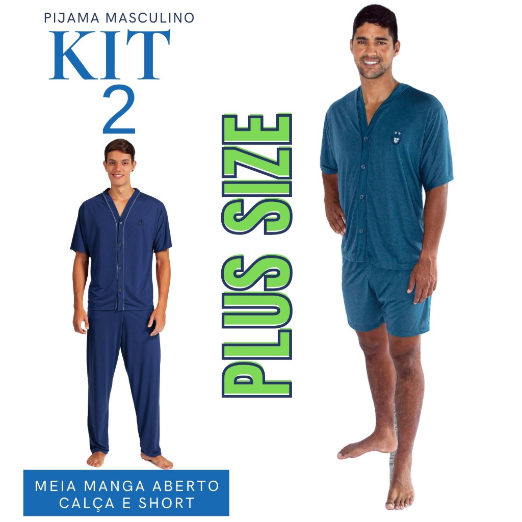 Kit Com 2 Unidades - Roupa De Dormir Masculina Plus Size Meia Estação Primavera e Verão