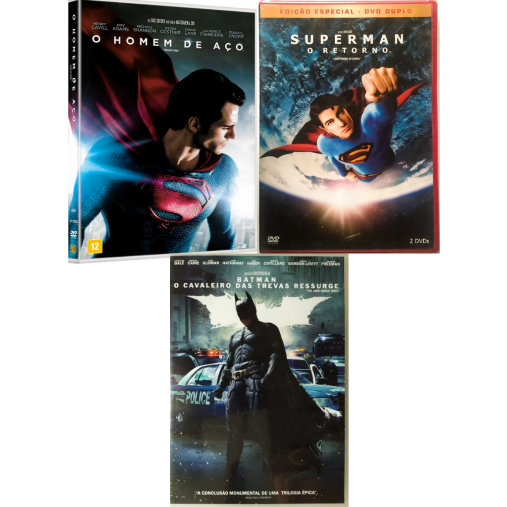 Trilogia Épica Super Heróis em DVD  - Superman o Retorno Edição Especial DVD Duplo - O Homem de Aço - Batman o Cavaleiro das trevas Discos Seminovos