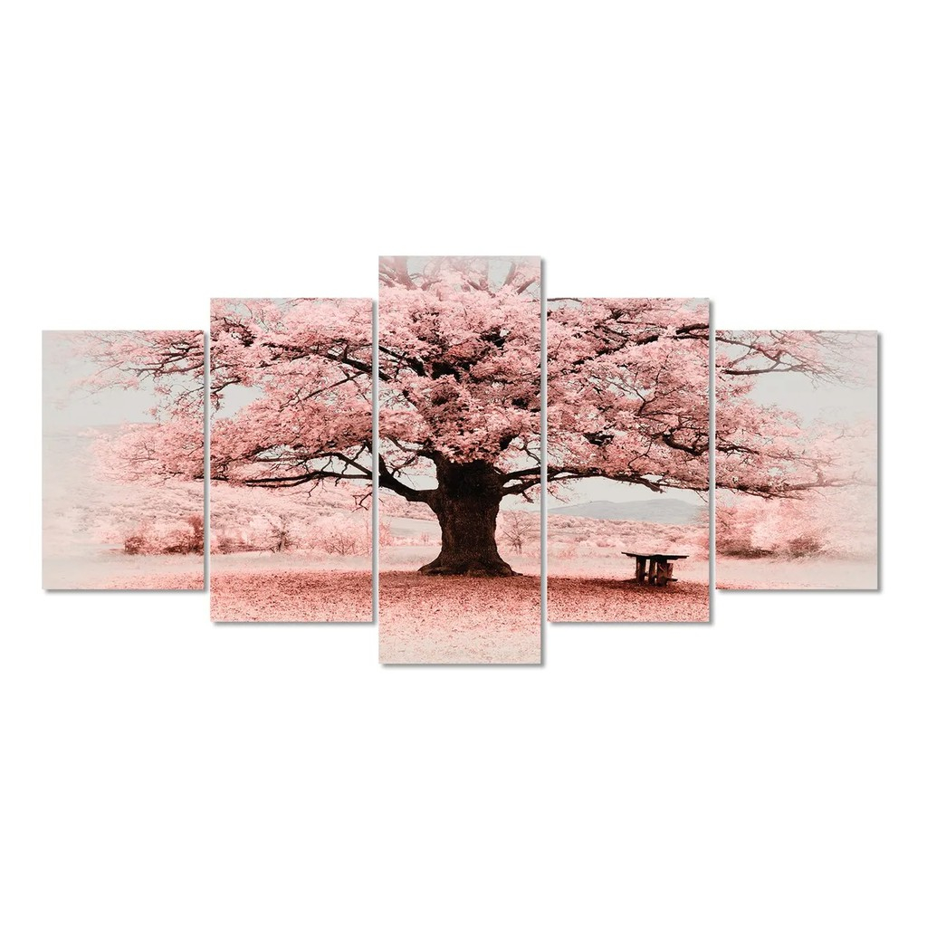 Quadro Decorativo Arvore Vida Paisagem Rosa Sala Quarto mosaico 5 peças