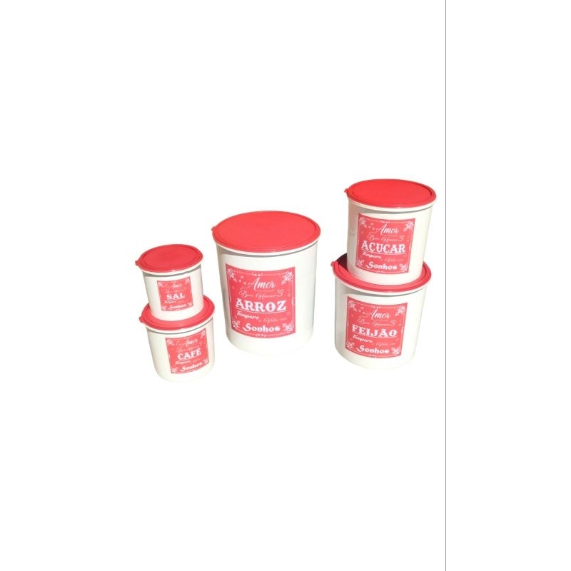 Kit Jogo De Mantimentos 5 Peças Branco/Tampa e Adesivo Vermelha Porta Mantimento