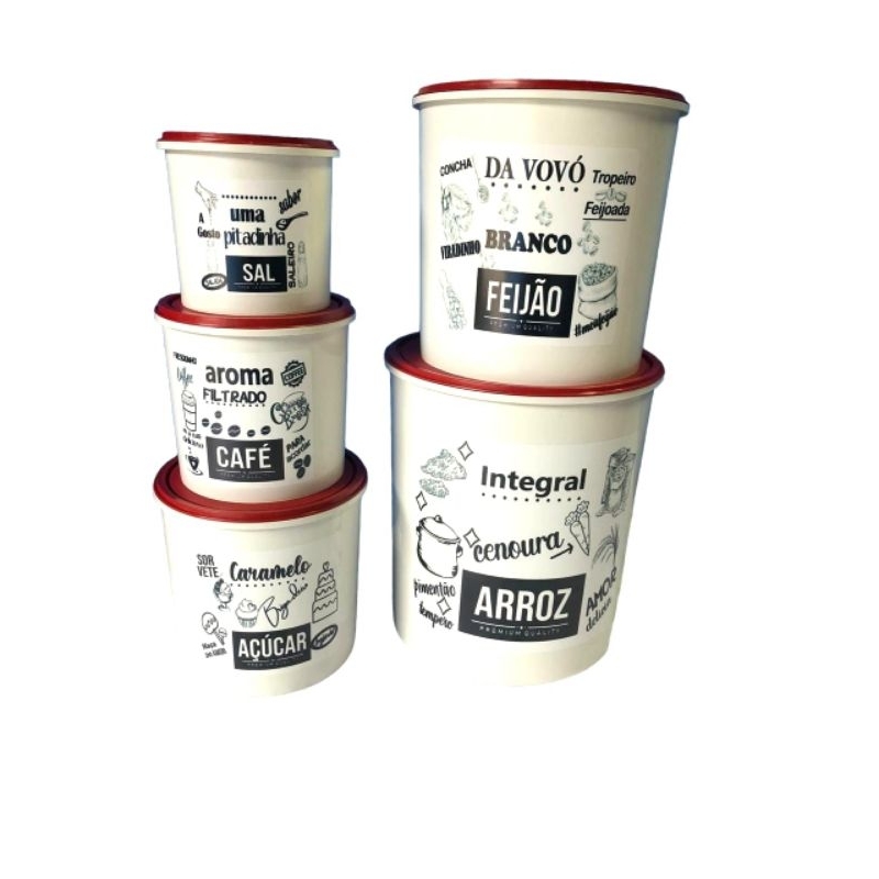 Kit Jogo De Mantimentos 5 Peças Branco/INTEGRAL/TAMPA VERMELHA  Potes/Porta Mantimento