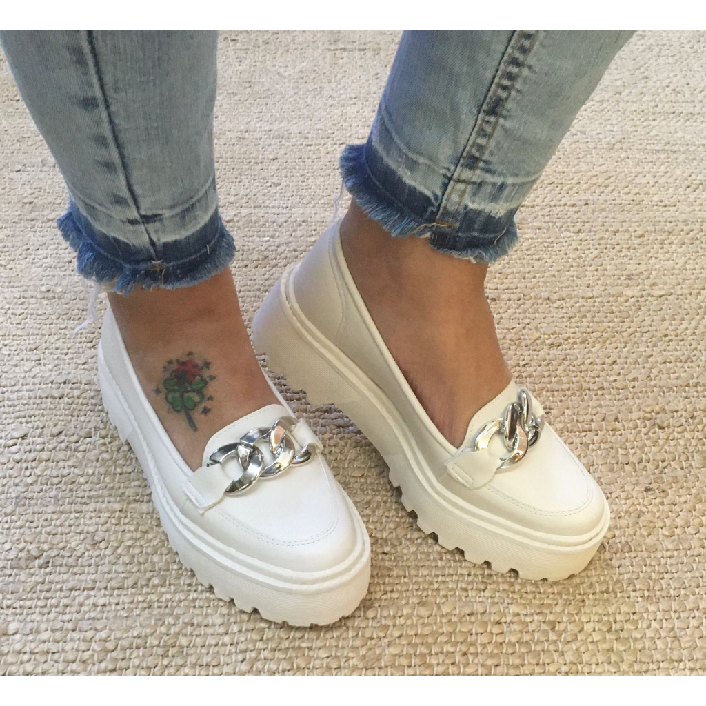 Mocassim Sapato Tratorado Corrente Off White Oxford Confort