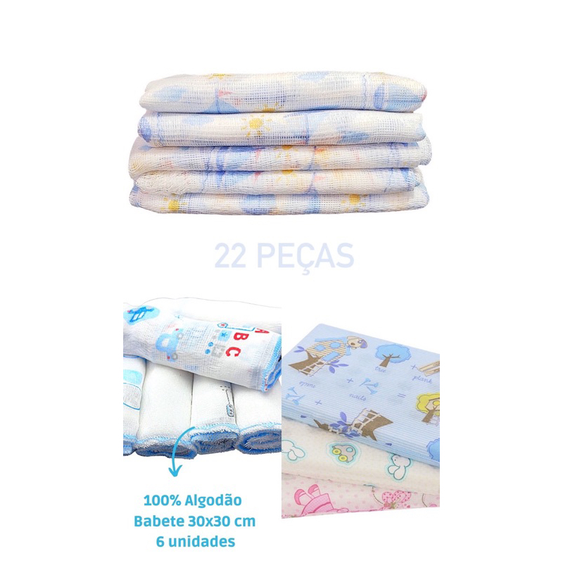 Enxoval bebe Completo 22 peças com 15 Fraldas, 6 Babetes e 1 travesseiro