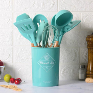 Kit 12 Peças Espátulas Pegador Concha Utensílios De Cozinha Completo Silicone Cabo Em Madeira Multiuso