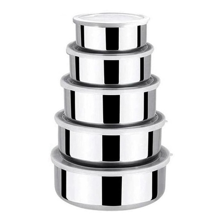 Jogo 5 Potes Tigelas em Inox Alumínio Com Tampa Redondo