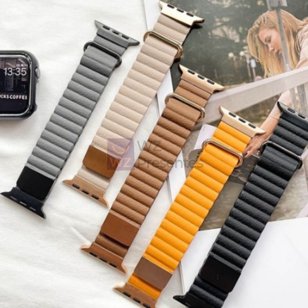 Pulseira Magnética De Couro Para Apple Watch e Smartwatch 8 Ultra 49MM 45mm 44mm 42mm 41mm 40mm 38mm