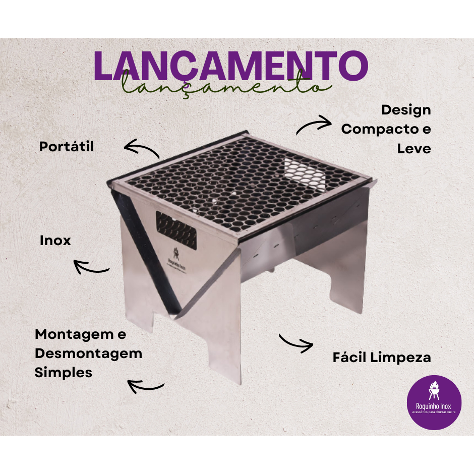 Churrasqueira Portátil em Inox Monta e Desmonta Fácil Facilita o Churrasco Camping Pesca Acampamento Quintal