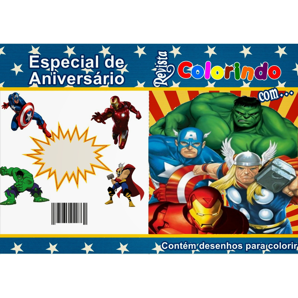 Kit de revista + livro de colorir para lembrancinha de festa de aniversário com apenas livro ou livro e caixa de giz contendo 5 mini giz de cera e livro com 10 desenhos personalizados no tema Vingadores