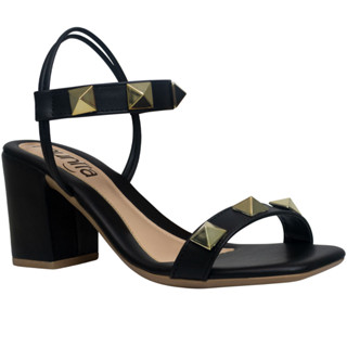 Sandália Feminina Salto Bloco Bico Quadrado Enfeite ABS Calce Confortável Tendência Moda Estilo Clássico Marca Munita