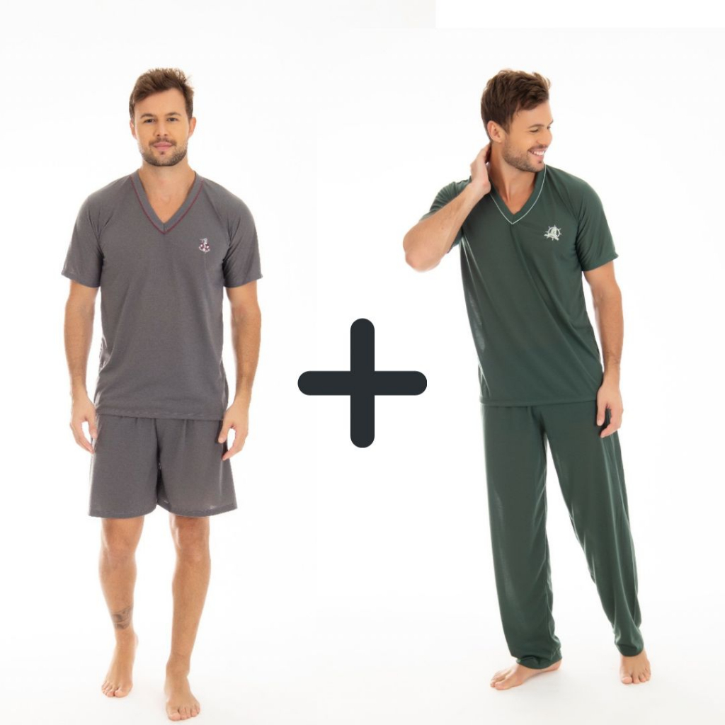 Kit 2 Pijamas Masculino Adulto Camisa Manga Curta e Short e Camisa Manga Curta e Calça Comprida