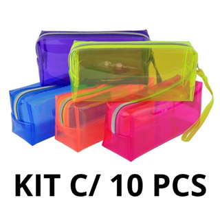 Kit 10/40 Unidades Estojo Escolar Baú Neon PVC Transparente Grande em Oferta na Shopee