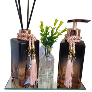 Kit 02 Frascos de Vidro Aventurina Lavabo Banheiro Luxo Difusor Bandeja Vasinho Vareta Preto Rose
