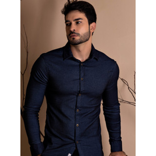 Camisa Social Manga Longa Com Elastano Jeans Masculina Mineiro - Se Ajusta Ao Corpo