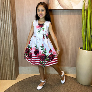 Vestido Feminino Flores Vermelhas Moda Infantil Tactel Menina