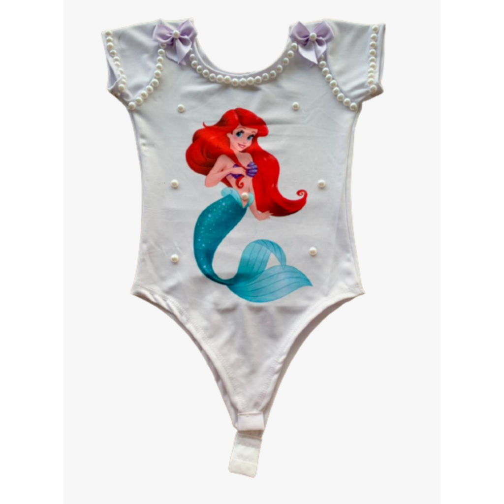 Body para Meninas com Estampa da Ariel Personalizada com Detalhes em Perolas e Lacinhos Linda