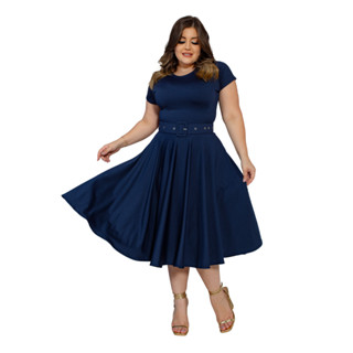 Vestido Midi Godê Azul Escuro com Cinto Moda Feminina Elegante Cristã