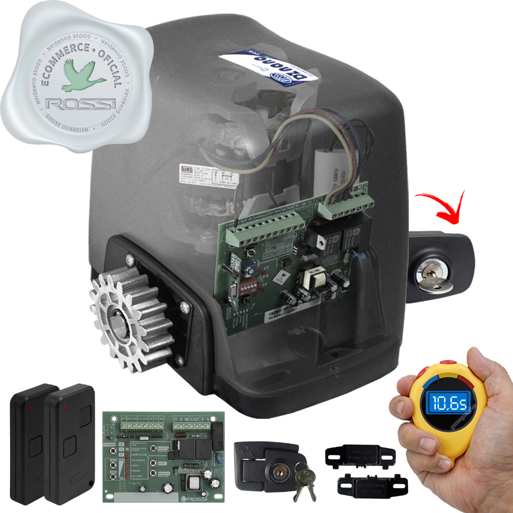 Kit Motor Rossi 1/4CV Dz Nano Turbo 2 Control Portão Eletrônico Deslizante 600kg