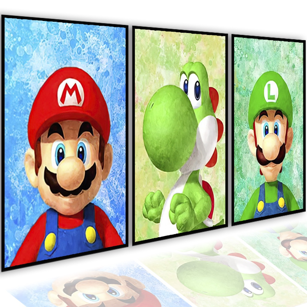 Kit Quadros Decorativos Mosaico 3 Peças Trio Infantil Mario Bross Luigi Dragão Dinossauro Desenho Arte Infantil Vintage Abstrato Modular em Oferta na Shopee