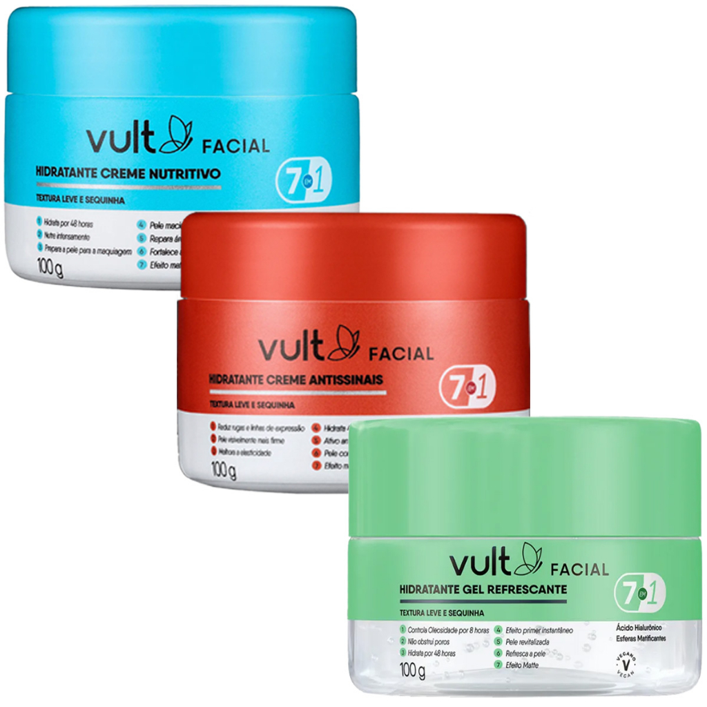 Kit Creme Hidratante facial Nutritivo, Antissinais, Refrescante 7 em 1 Vult 100g