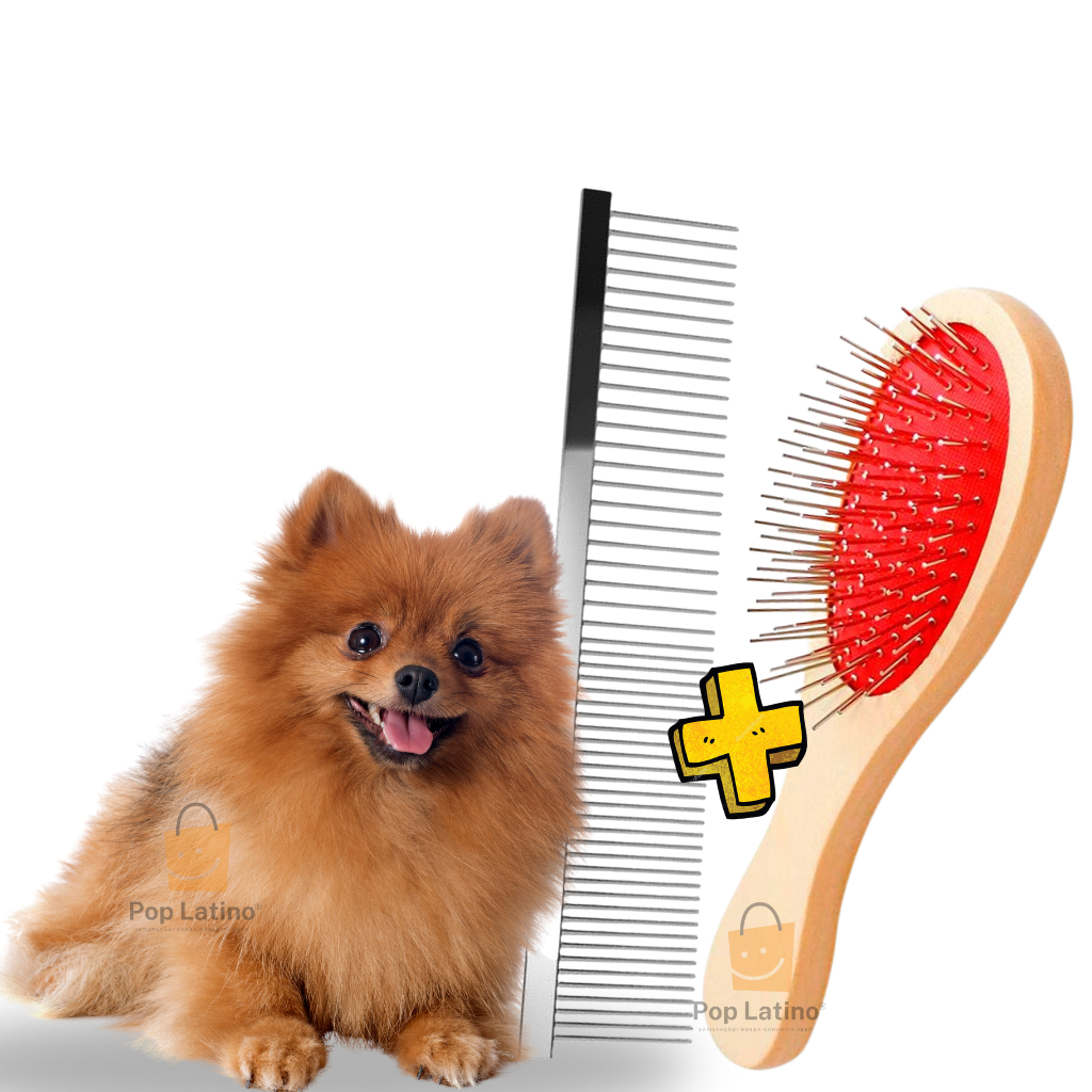 Escova Dupla Face Madeira Rasqueadeira Pet para Cachorro Gato + Pente Aço Inox Cães Spitz Lulu Poodle Yorkshire Shih Tzu