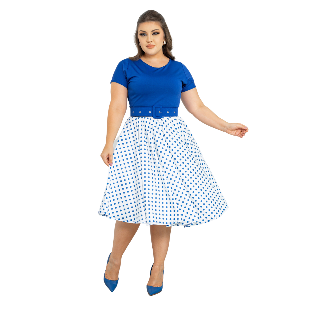 Vestido Midi Azul Bic Bolinhas ( Poá )com Cinto - P ao G3