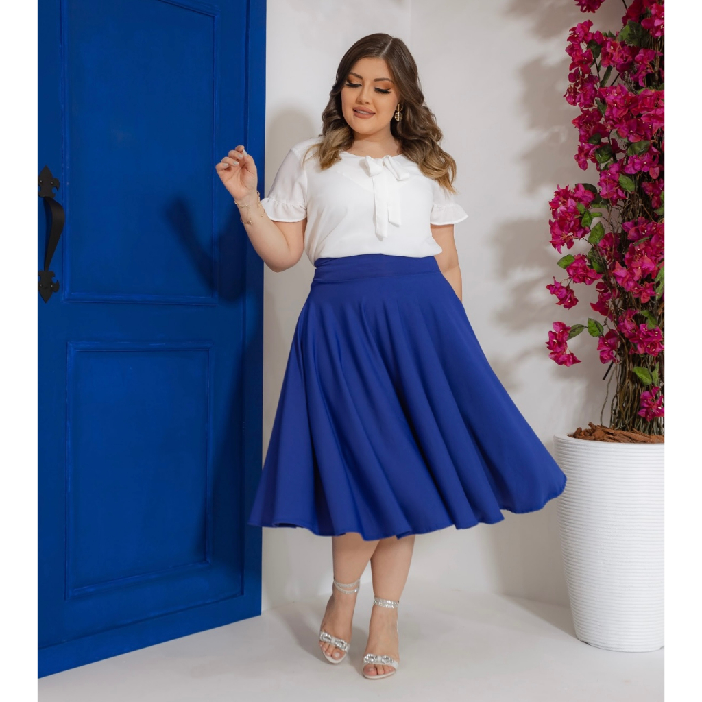 Saia Midi Godê Azul Bic Moda Feminina P Ao Plus Size