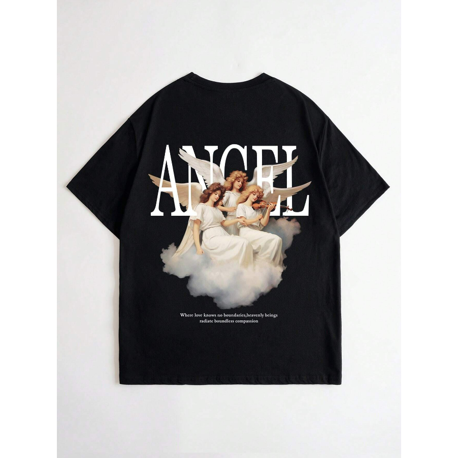 Camiseta Angelical Violino Nuvens Anjos Oversized Ombro Caido Unissex Aesthetic