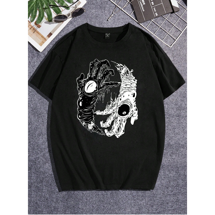 Camiseta Ying Yang Mão Gótica Unissex Oversized Manga Curta Tumblr Básica Aesthetic