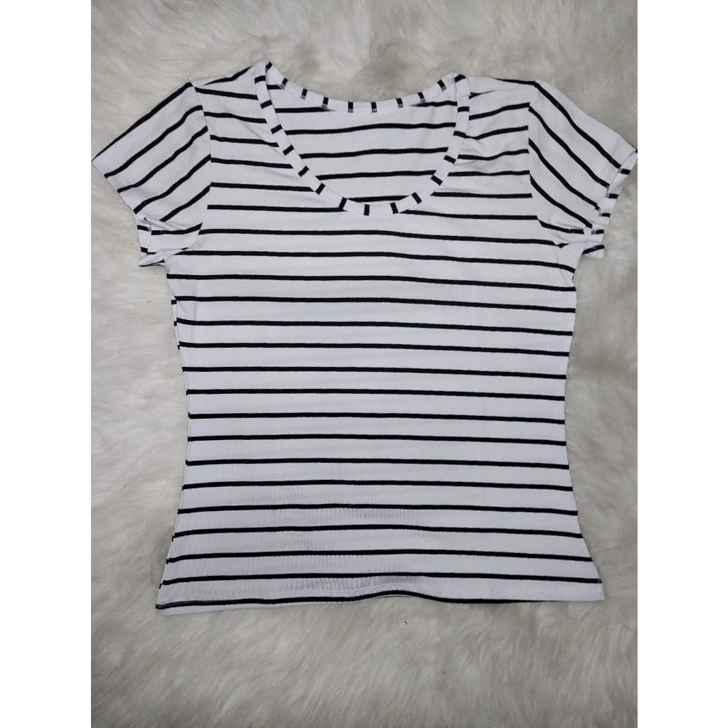 blusa listrada femenina modinha baby look manga curta MAMANI coleçoes