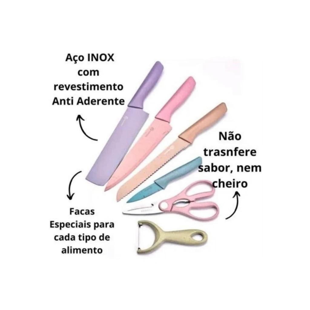 Kit 6 Facas Jogo De Cozinha Coloridas Aço Inox Cozinha Frutas Carnes--Runtoo Home&Living Store