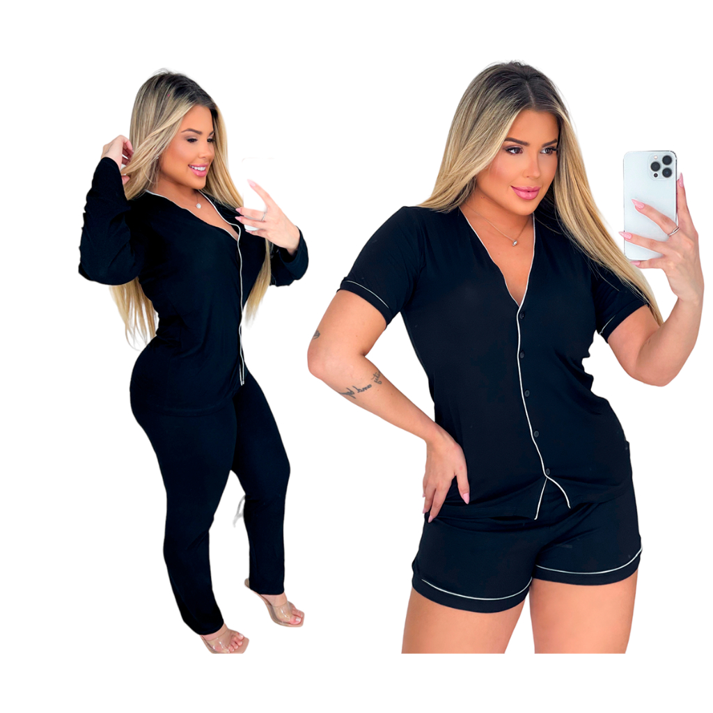 Kit 2 Pijamas Americano Feminino Adulto longo + curto botão em Oferta na Shopee