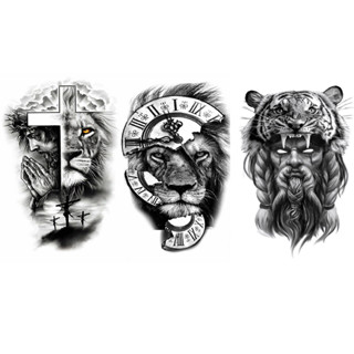 3 Tatuagens Temporária Adesiva Tattoo Removível Grande Leão Jesus Cristo