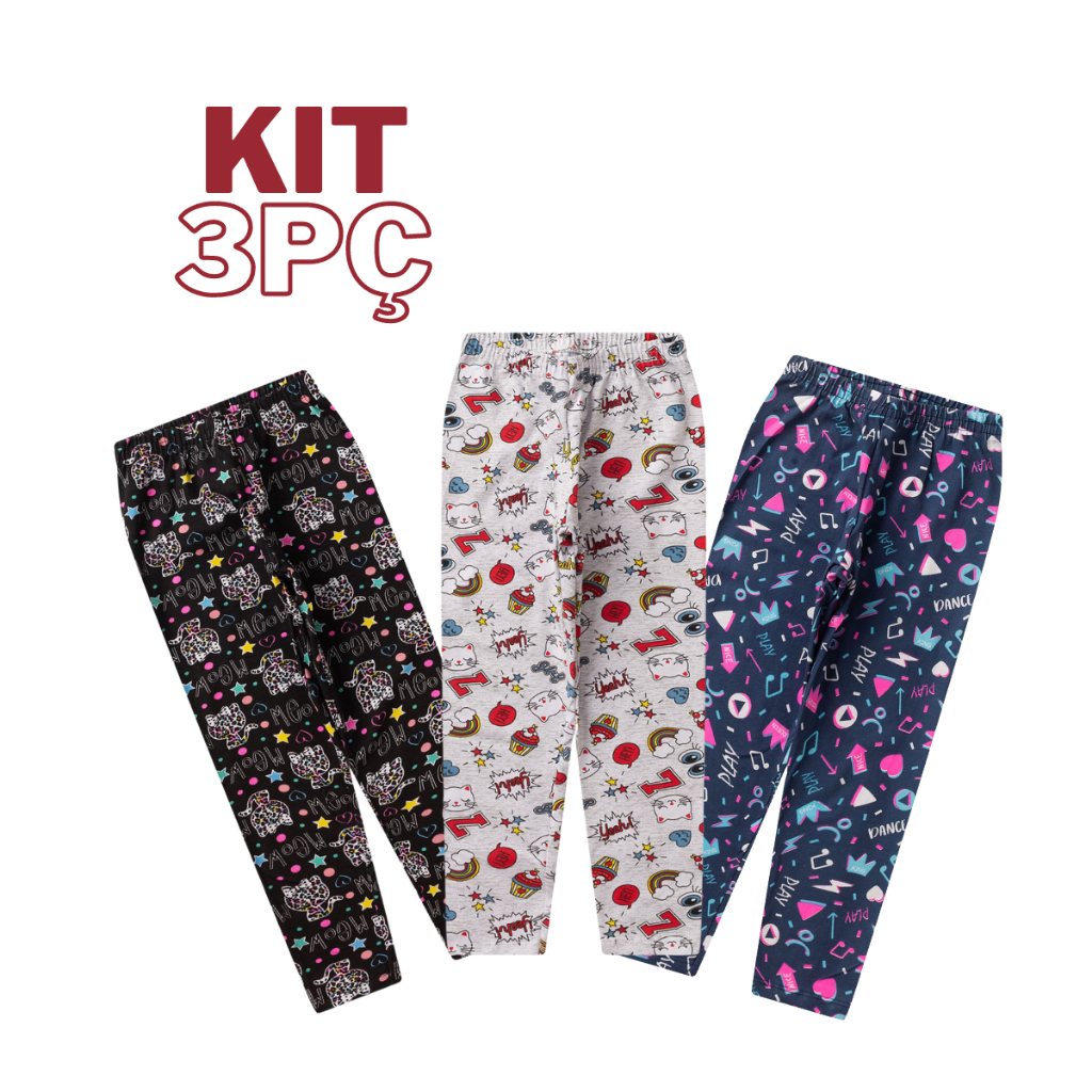 Calças Legging Infantil Menina Tam1 ao 14 - Kit com 3 peças.