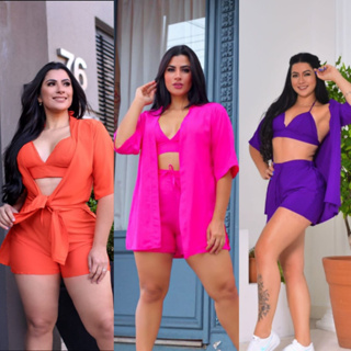 Conjunto Feminino kimono 3 Peças + Short e Cropped com Bojo  Duna Não Amassa em Oferta na Shopee