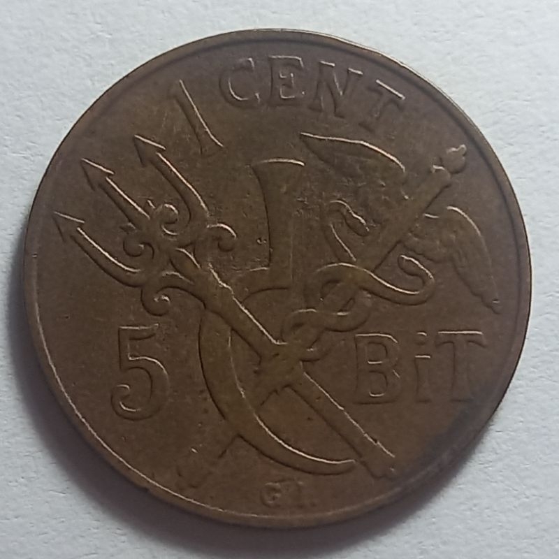 País: Índias Ocidentais Dinamarquesas 1905 - 1 Cent - 5 BiT- Elimatec Moedas Antigas.