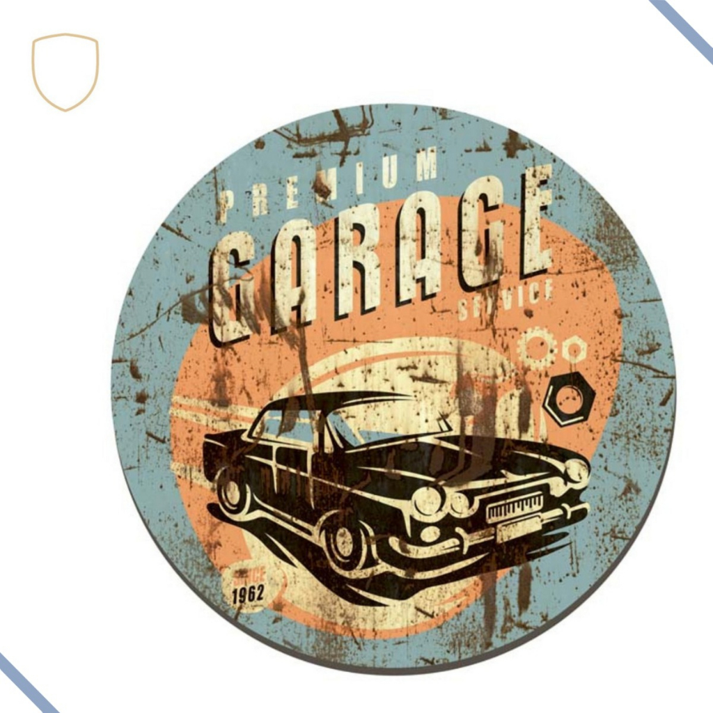 Quadro Placa Decorativa Redonda Premium Garage, Carro