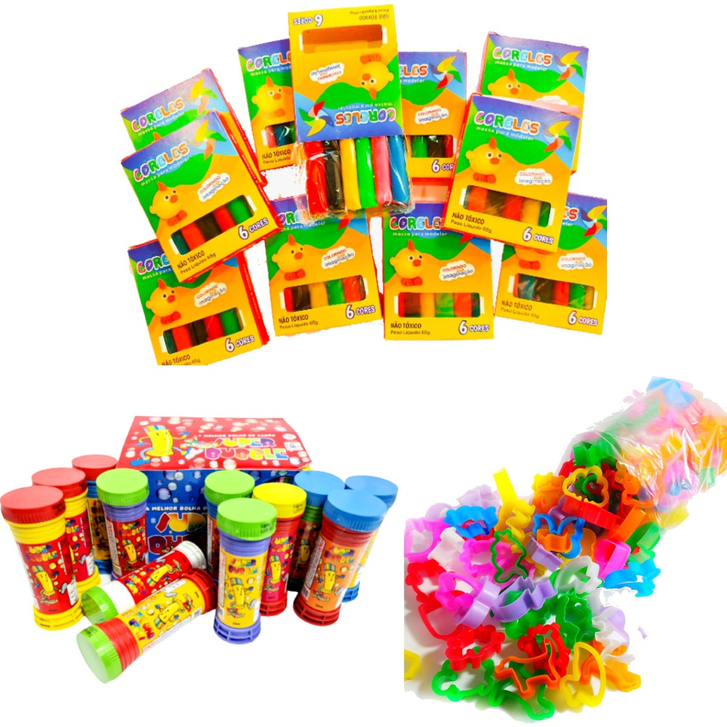 Kit Lembracinha Infantil 25 Massinha de Modelar + 25 Bolha de Sabão + 50 Cortadores Moldes Prenda em Oferta na Shopee