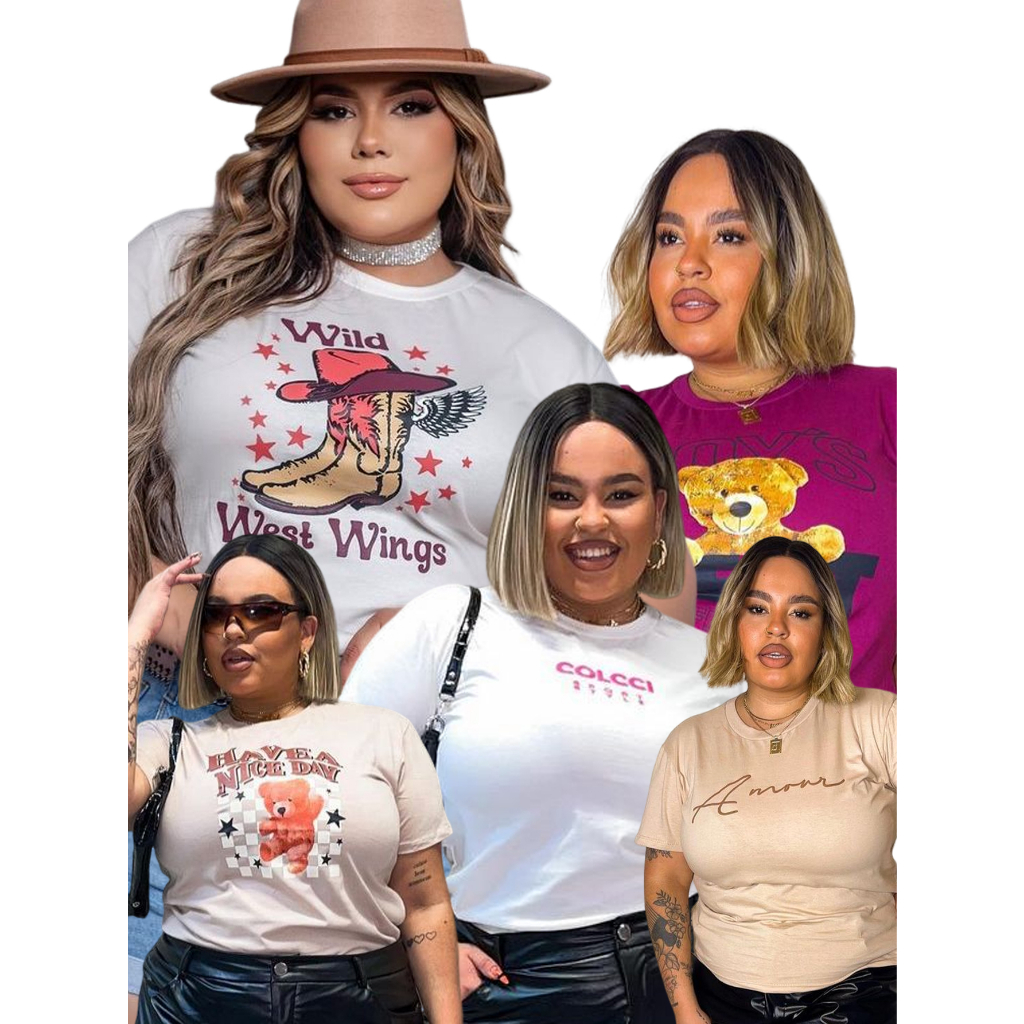 Kit 5 Camisa Estampada Plus Size Blusa Estampada T-Shirt Feminina Basica Gola U Blusinha Manga