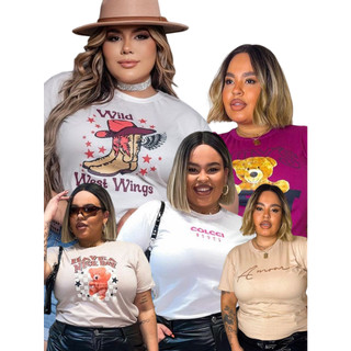 Kit 5 Camisa Estampada Plus Size Blusa Estampada T-Shirt Feminina Basica Gola U Blusinha Manga
