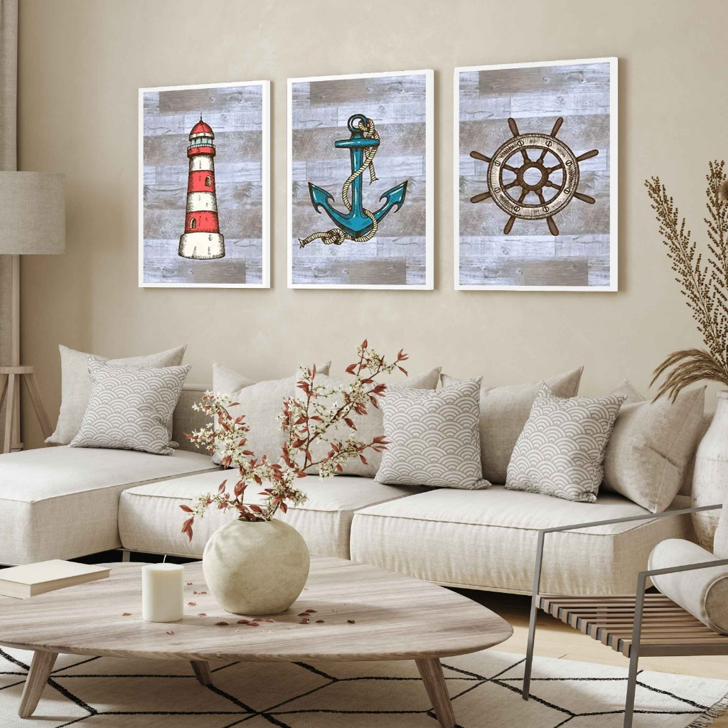 kit 3 quadros marinheiro ancora leme praia mar ondas farol com molduras