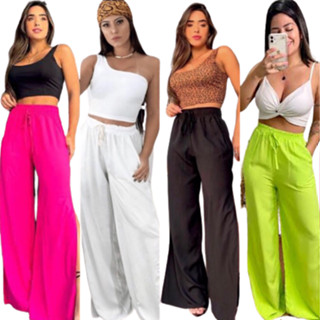 Calça Pantalona Feminina Fendas Laterais Forrada Cordão Cintura Alta