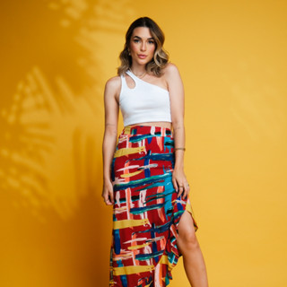 Saia longo feminina com fenda envelope estampado com babado S813