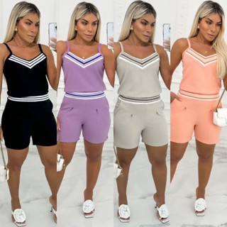 Conjunto Feminino Blusa Alcinha Short Com Elástico Verão Malha Crepe